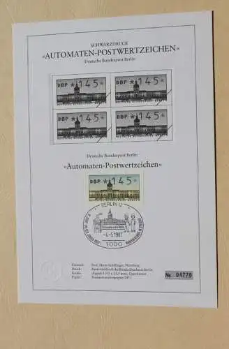 Berlin 1987, ATM, Automatenmarken; Versandstellen-Satz VS2 auf Schwarzdruckblatt, 4.5.87, MiNr 1, Ersttag, 5 Werte