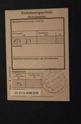 Deutschland 1999, Wertbrief von Nürnberg nach Büsingen-Zollausschlußgebiet/Schweiz; MiNr. 2045