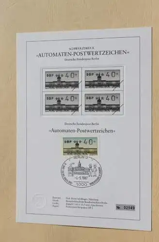 Berlin 1987, ATM, Automatenmarken; Automaten-Tastensatz (TS) auf Schwarzdruckblatt, 4.5.87,MiNr 1, Ersttag, 14 Werte