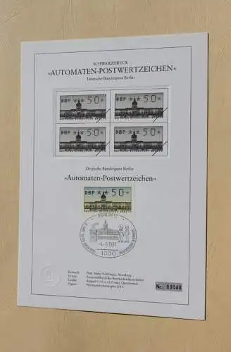 Berlin 1987, ATM, Automatenmarken; Automaten-Tastensatz (TS) auf Schwarzdruckblatt, 4.5.87,MiNr 1, Ersttag, 14 Werte