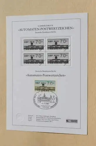 Berlin 1987, ATM, Automatenmarken; Automaten-Tastensatz (TS) auf Schwarzdruckblatt, 4.5.87,MiNr 1, Ersttag, 14 Werte