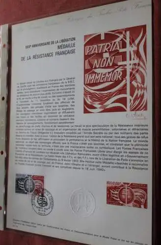 Frankreich 1974; Medaille de la Resistance Offizielles Ersttagsblatt, Nr  33-74