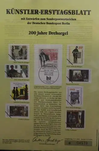Berlin, Künstler-Ersttagsblatt 1990: 200 Jahre Drehorgel; MiNr 872