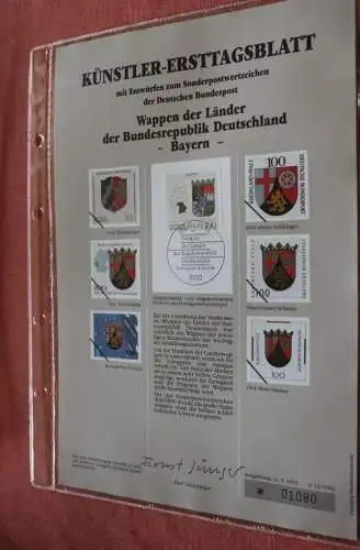 Deutschland, Künstler-Ersttagsblatt 1992: Wappen der Länder - Bayern, MiNr 1587