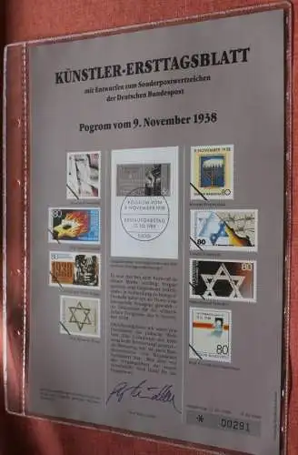 Deutschland, Künstler-Ersttagsblatt 1988: Reichskristallnacht - Progrom 9. 11. 38, MiNr 1389