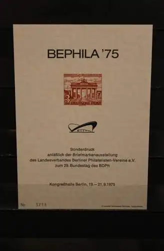 VIGNETTE; Berlin, BEPHILA '75, Brandenburger Tor; MiNr 59, Wasserzeichenpapier, weiß, nummeriert