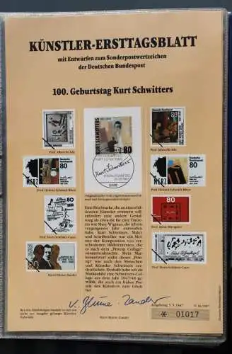 Deutschland 1987; Künstler-Ersttagsblatt 100. Geburtstag Kurt Schwitters;  MiNr. 1326, limitiert, nummeriert