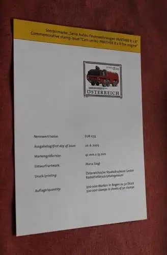 Österreich 2003; Offizielles Ankündigungsblatt der Österreichischen Post: Feuerwehrwagen Panther 8 x 8