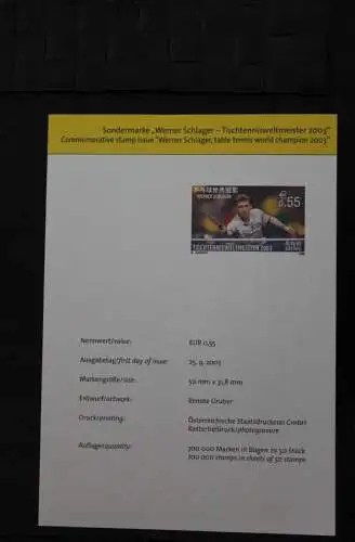 Österreich 2003; Offizielles Ankündigungsblatt der Österreichischen Post: Werner Schlager - Tischtennisweltmeister 2003