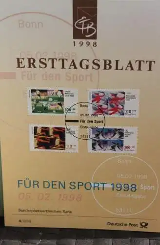 Deutschland; Für den Sport 1998; Ersttagsblatt, ETB 4/1998; MiNr 1968-71