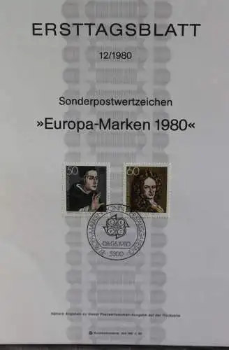 Deutschland, EUROPA-Marken - CEPT 1980, Ersttagsblatt, ETB 12/1980; MiNr 1049-50