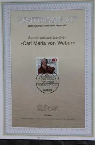 Deutschland; Carl Maria von Weber, Ersttagsblatt ETB 12/1986, MiNr 1284