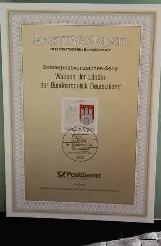 Deutschland; Wappen der Länder der BRD: Hamburg, Ersttagsblatt ETB 39/1992, MiNr 1591