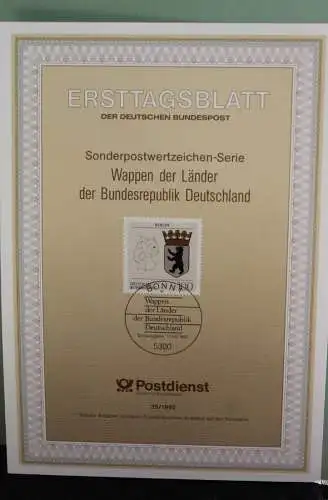 Deutschland; Wappen der Länder der BRD: Berlin, Ersttagsblatt ETB 25/1992, MiNr 1586