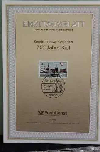 Deutschland 1992; Ersttagsblatt, ETB 9/1992: 750 Jahre Kiel, Schiffe im Hafen, MiNr 1598