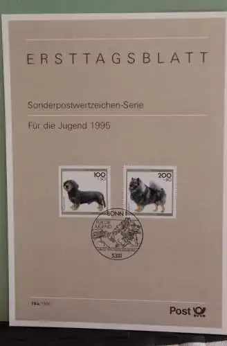Deutschland; Ersttagsblatt; ETB 19/1995 + 19A; Für die Jugend 1995: Hunde, MiNr 1797-1801