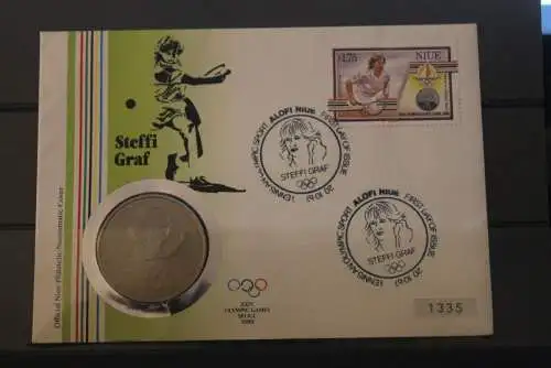 Niue, Numisbrief: Olympische Sommerspiele Seoul 1988;mit Steffi Graf Münze und Marke; limitiert, nummeriert