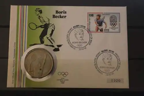 Niue, Numisbrief: Olympische Sommerspiele Seoul 1988;mit Boris Becker Münze und Marke;limitiert, nummeriert