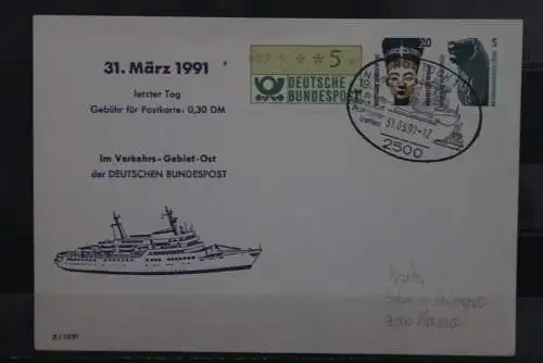 Deutschland, Ganzsache Letzter Tag Postkartenporto VGO 0,30 DM; Sonderstempel Letzttagsstempel Rostock, 1991