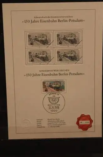 Berlin 1988, Schwarzdruck: 150 Jahre Eisenbahn Berlin-Potsdam, ESST, nummeriert, limitiert, MiNr 822