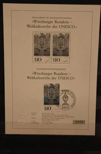 Deutschland 1998, Schwarzdruck: Würzburger Residenz - UNESCO Weltkulturerbe; ESST, nummeriert, limitiert, MiNr 2007