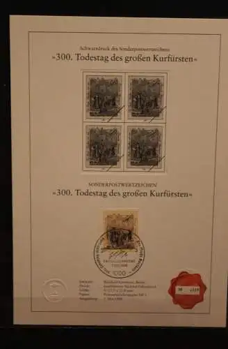 Berlin 1988, Schwarzdruck: 30. Todestag des großen Kurfürsten, ESST, nummeriert, limitiert, MiNr 813