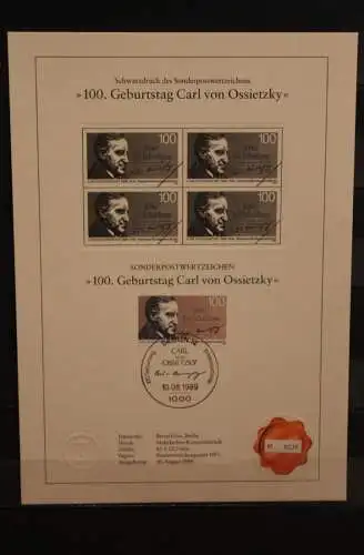 Berlin 1989, Schwarzdruck: Carl von Ossietzky, ESST, nummeriert, limitiert, MiNr 851