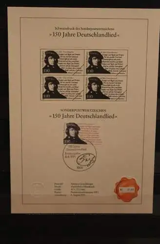 Deutschland 1991, Schwarzdruck: 150 Jahre Deutschlandlied, ESST, nummeriert, limitiert, MiNr 1555