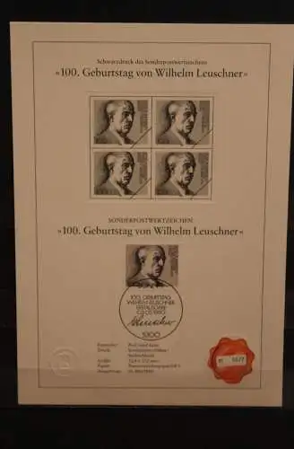 Deutschland 1990, Schwarzdruck: Wilhelm Leuschner, ESST, nummeriert, limitiert, MiNr 1466