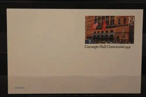 USA 1991, Ganzsache, Carnegie Hall, ungebraucht