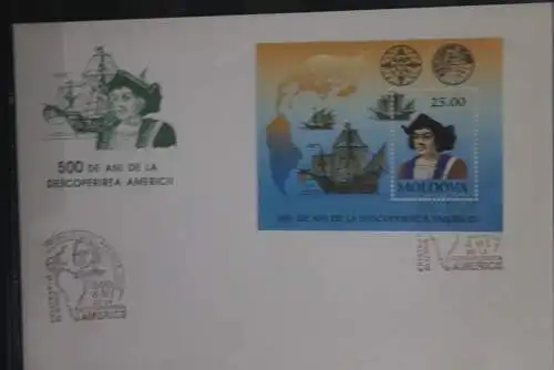 Moldova, Entdeckung Amerikas, Columbus, Block, 1992 auf FDC