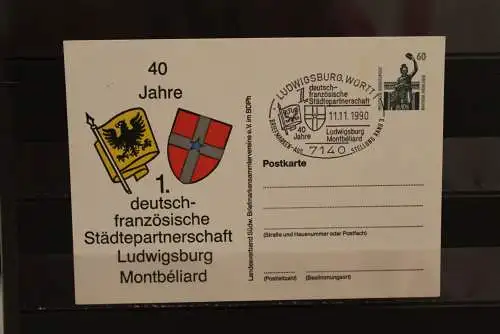 Deutschland 1990, Ganzsache: Städtepartnerschaft Ludwigsburg - Montbeliard, Wertstempel 60 Pf., Sehenswürdigkeiten