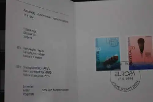 Schweiz: Europa - CEPT 1994, PTT-Booklet, Ersttagsheft Nr. 301, ESST,  mit MiNr. 1525-26