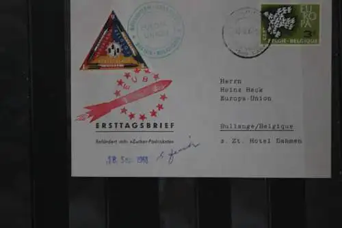 Belgien; Europa - CEPT 1961, FDC, befördert mit "Zucker Postrakete", mit Vignette