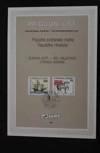 Europa Union, CEPT 1992, Kroatien; Offizielles Ersttagsblatt, ETB