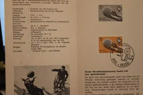 Belgien, Ersttagsblatt Schwarzdruck: Basketball, 1973, fläm. Ausgabe