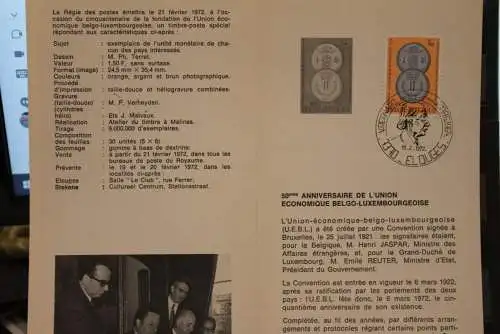 Belgien, Ersttagsblatt Schwarzdruck: Belgisch-Luxemburgische Wirtschaftsgemeinschaft 1972, franz. Ausgabe,MiNr. 1673