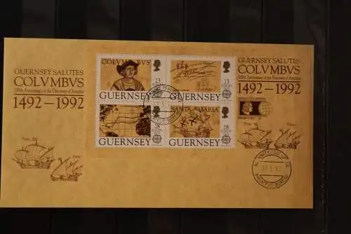 Guernsey Europa - CEPT 1992, Block 8 mit offiz. Zudruck zur World Columbian Stamp Expo 92, FDC