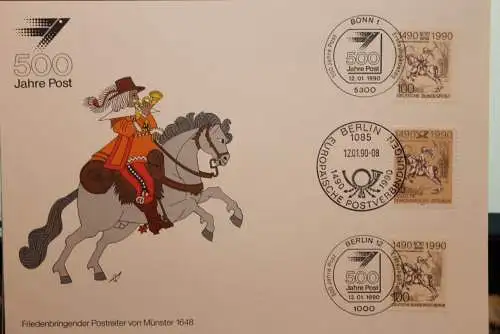 Deutschland 1990, 500 Jahre Europäische Postverbindungen D, DDR, Berlin, 3 Länder-ESST ,3-Länder-Karte