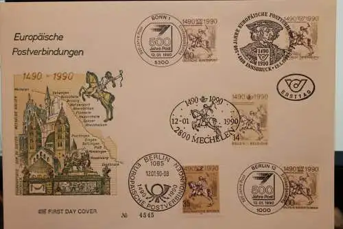 Deutschland 1990, 500 Jahre Europäische Postverbindungen A, B,. D, DDR, Berlin, 5 Länder-ESST ,5-Länder-FDC