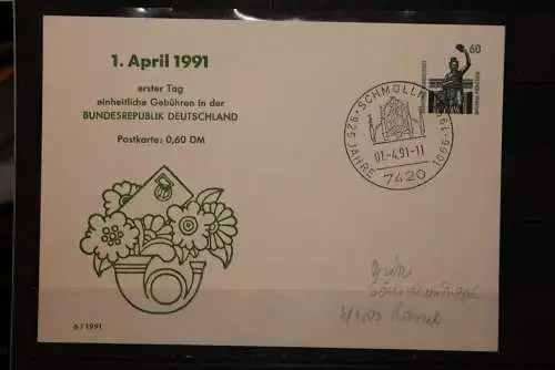 Deutschland, Wertstempel: Bavaria München, SST Schmölln 1.4.91; 1. Tag einheitliche Postgebühren in Deutschland