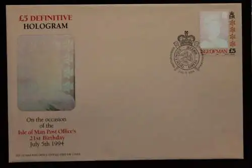 Hologramm, Hologrammmarke 1994, Isle of Man, Königin Elisabeth II; 5 Pfund; FDC