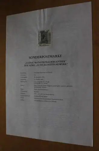 Österreich Amtl. Schwarzdruck auf Erläuterungsblatt: Codex 965/Nationalbibliothek, 2000