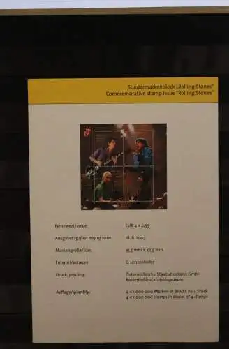 Österreich Amtl. Schwarzdruck auf Schwarzdruckblatt 2003 zum Sondermarkenblock "Rolling Stones"