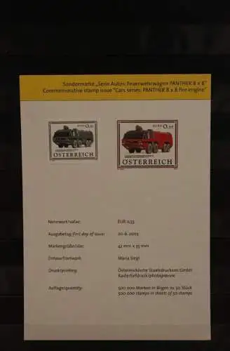 Österreich Amtl. Schwarzdruck auf Schwarzdruckblatt 2003 zur Sondermarke "Feuerwehrwagen Panther 8 x 8"