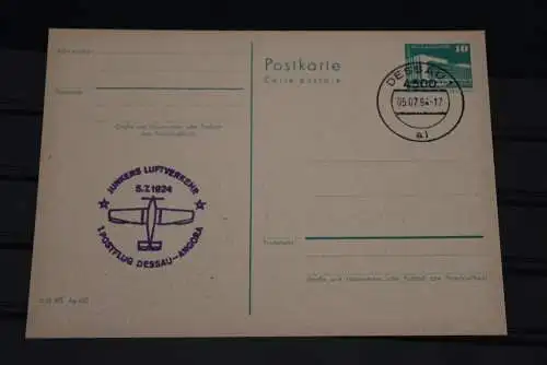 DDR, Ganzsache: 1984: Dessau; 1. Postflug Junkers Luftverkehr Dessau-Angora 1924