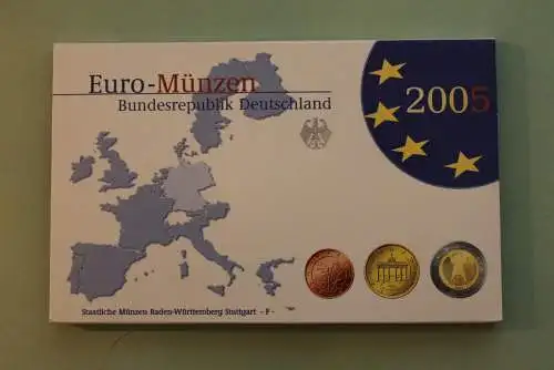 Deutschland, Kursmünzensatz; Euro-Umlaufmünzenserie 2005 F, Spiegelglanz (PP)