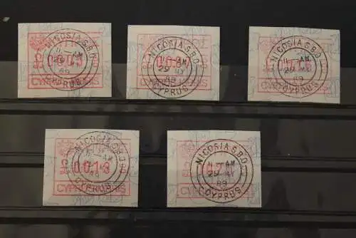 Zypern, ATM Nr. 1; 5 Werte, ATM-Drucker 001 - Nicosia S.B.O., Ersttagsstempel, gebraucht