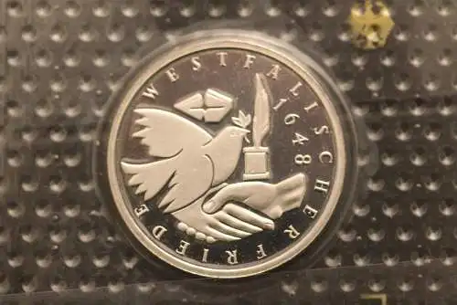 Bundesrepublik Deutschland; 10 Deutsche Mark; 1998; Westfälischer Friede, Silber; Münzstätte F, PP; Jäger-Nr. 467