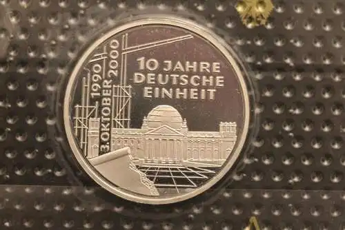 Bundesrepublik Deutschland; 10 Deutsche Mark; 2000; 10 Jahre Deutsche Einheit, Silber; Münzstätte A, PP; Jäger-Nr. 477